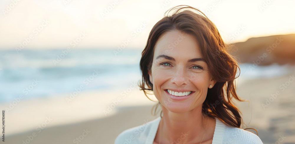 A middle-aged woman smiling with a serene expression at the beach during sunset, perfect for themes of relaxation, vacations, and happy lifestyle. (copy space) A middle-aged woman smiling with a serene expression at the beach during sunset, perfect for themes of relaxation, vacations, and happy lifestyle. (copy space)