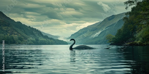 Loch ness monster swimming in the lake