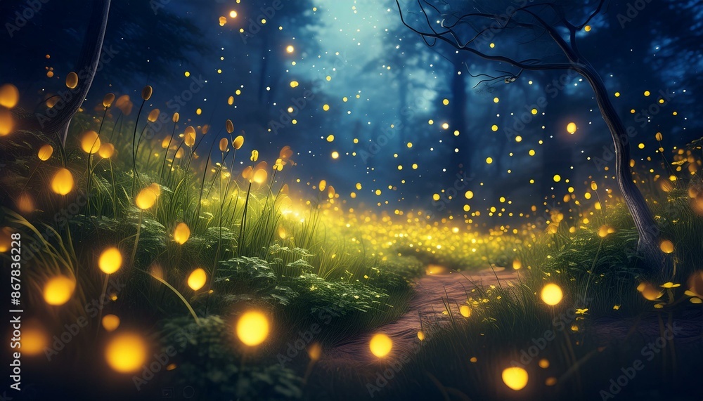 Naklejka premium Quiet fairy night in a meadow with fireflies