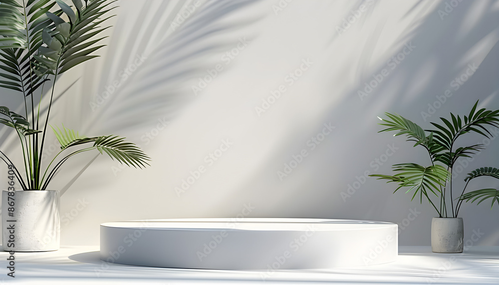 minimal podium abstract background for product presentation, leaf shadow on white plaster wall, 3d render, spring and summer minimal podium abstract background for product presentation, leaf shadow on white plaster wall, 3d render, spring and summer