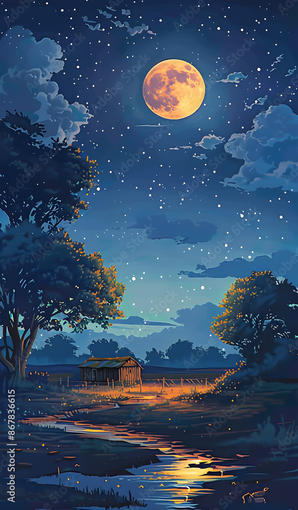 Naklejka premium Illustration of a serene countryside night scene with a full moon, stars, and a calm river reflecting moonlight. Perfect for creating tranquil and nature-themed designs. Copy space included.