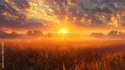 Beautiful cornfield at sunrise with a serene and tranquil atmosphere. Ideal for nature, landscapes, agriculture, and rural themed designs with ample copy space. photo