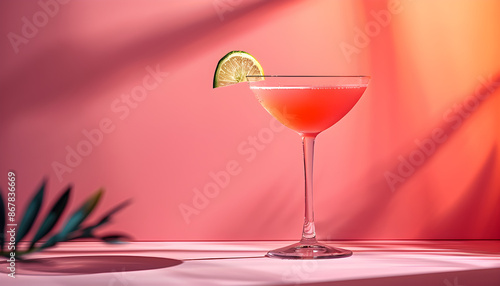 Pink daiquiri alcoholic summer cocktail on a modern pink background with sunlight from the window and lime garnish, copy space.
