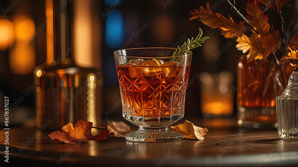 Fototapeta premium crystal glass with a delicious cocktail on a stand in a bar, 