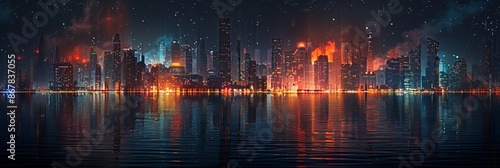 A breathtaking cityscape at night with skyscrapers reflecting on the water and a star-filled sky, creating a mesmerizing visual. Perfect for urban and nighttime themes.