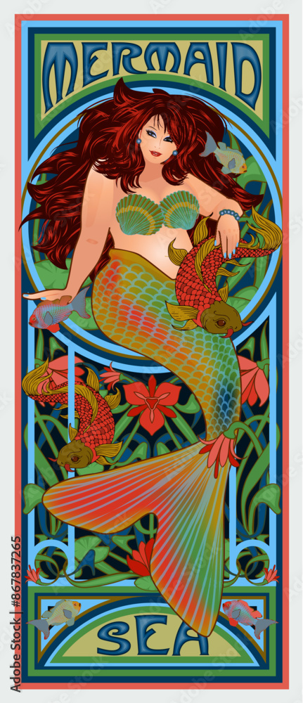 Obraz premium Plus size Mermaid in art nouveau style wallpaper, vector illustration