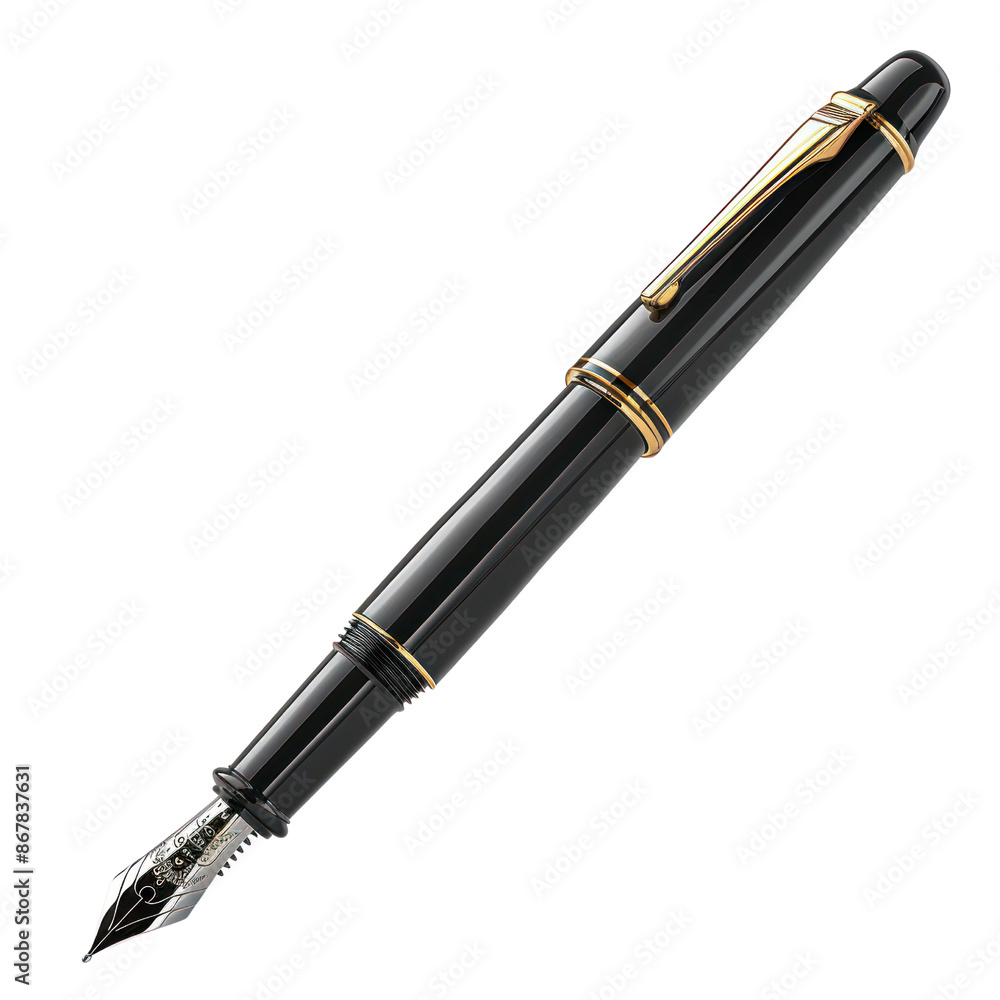 Elegant black fountain pen with gold trim, isolated on white background. Ideal for luxury writing, office, and stationery collections. Elegant black fountain pen with gold trim, isolated on white background. Ideal for luxury writing, office, and stationery collections.