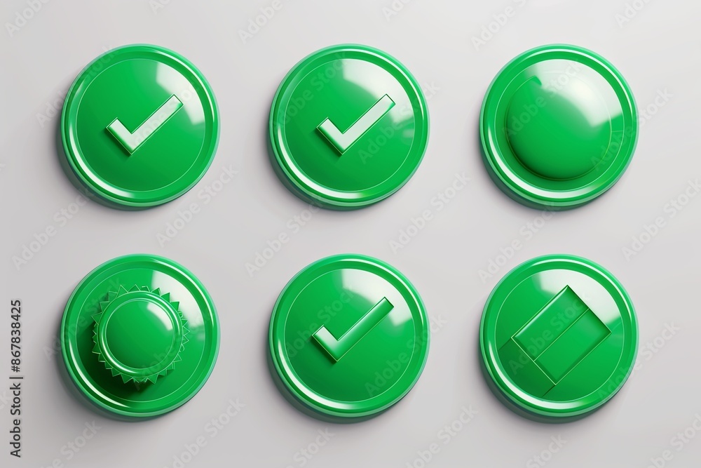 Six circular green buttons with different icons, including checkmarks, a knob, and a rectangle, are arranged in two rows of three on a white background. Generative AI Six circular green buttons with different icons, including checkmarks, a knob, and a rectangle, are arranged in two rows of three on a white background. Generative AI