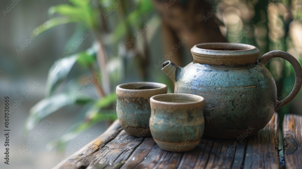 Earthenware pot and cups on wood surface Earthenware pot and cups on wood surface
