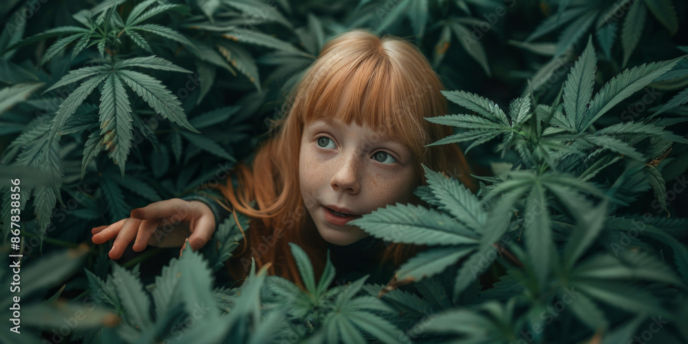 young girl peeks out from behind a lush bunch of leaves, her curious eyes wide with wonder at the hidden world she has discovered. young girl peeks out from behind a lush bunch of leaves, her curious eyes wide with wonder at the hidden world she has discovered.