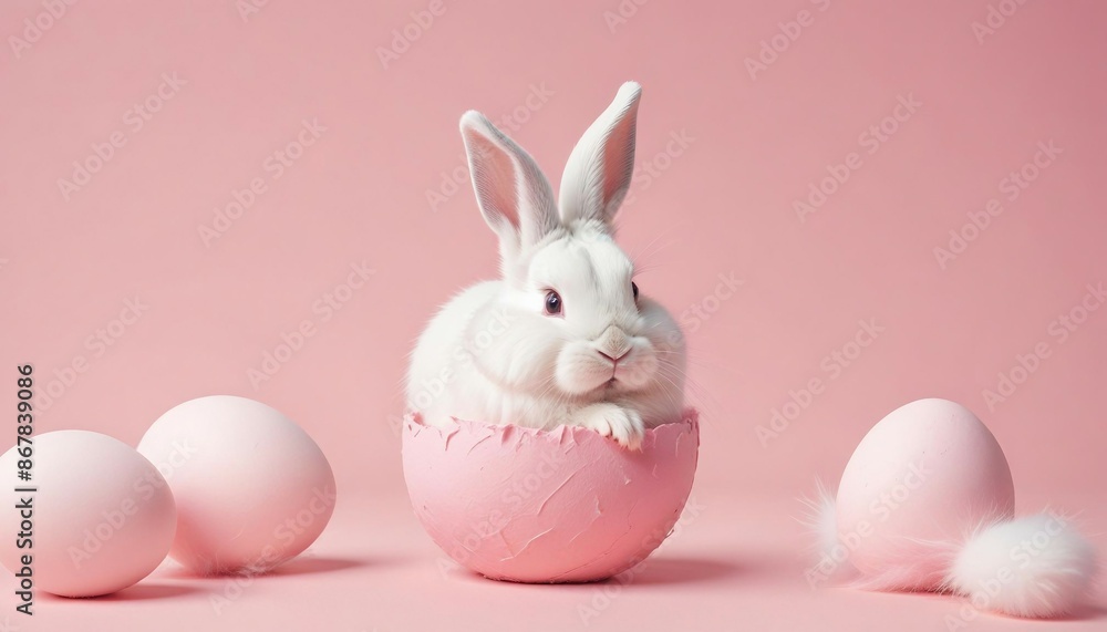 Precious Easter bunny with fluffy white fur and pink paws emerging from a cracked pink egg on a tranquil pastel pink backdrop with space for copy Precious Easter bunny with fluffy white fur and pink paws emerging from a cracked pink egg on a tranquil pastel pink backdrop with space for copy