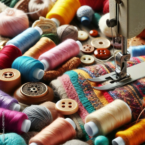 A table full of yarn and a sewing machine.