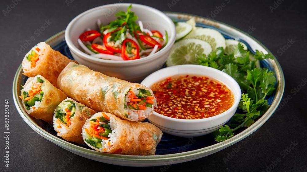 A plate of vibrant Vietnamese spring rolls with dipping sauce, watercolor capturing the fresh ingredients, Vietnamese, Bright colors, Detailed A plate of vibrant Vietnamese spring rolls with dipping sauce, watercolor capturing the fresh ingredients, Vietnamese, Bright colors, Detailed