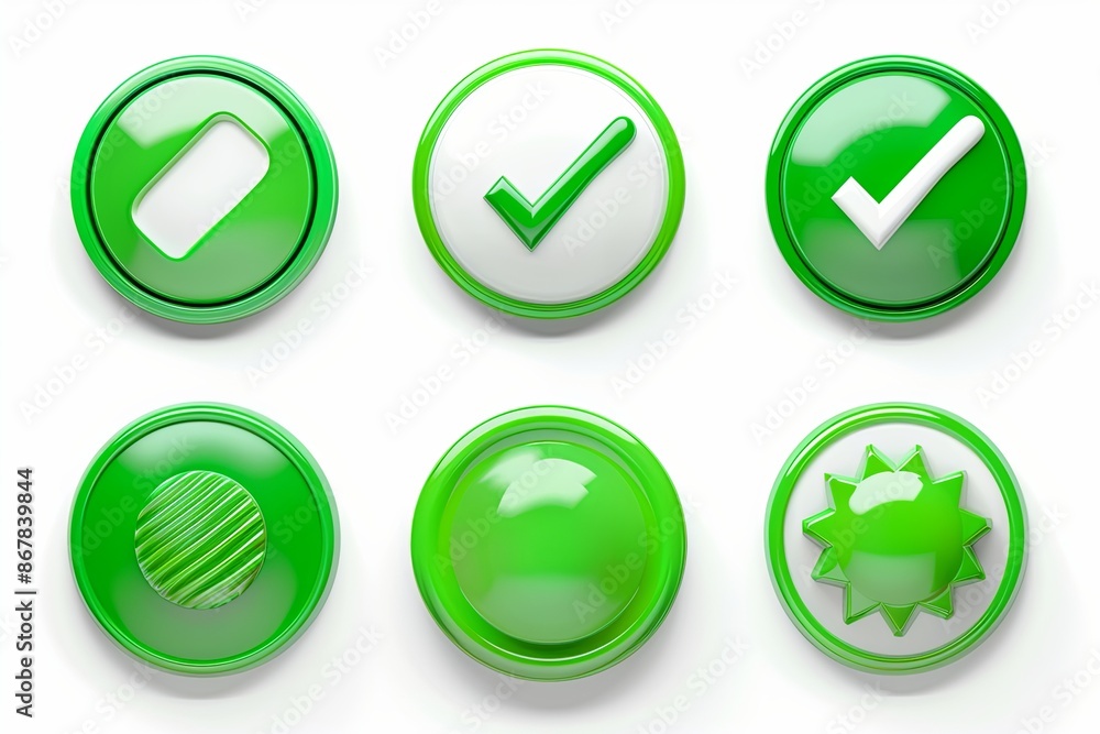 A set of six green 3D buttons with different symbols on a white background. Generative AI A set of six green 3D buttons with different symbols on a white background. Generative AI