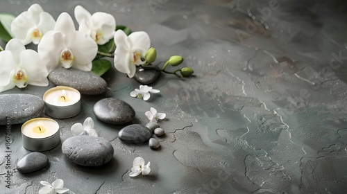 This image illustrates a calming spa environment featuring lit candles, delicate white orchids, and smooth pebbles carefully arranged on a textured gray background for relaxation. photo