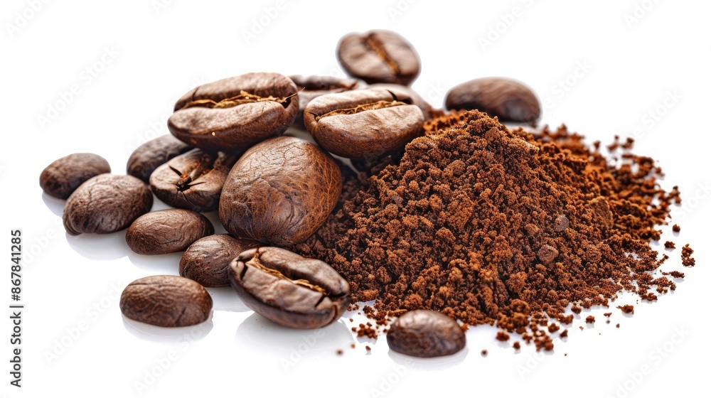 Fototapeta premium Freshly roasted coffee beans and grounds with drink image on white background