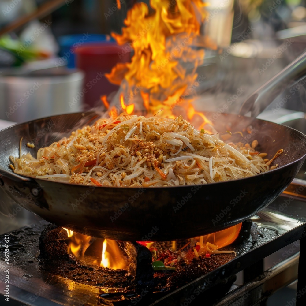 fried noodles cook in pan with big fire flame is hong kong style. Pad Thai favorite and famous Asian Thai street fast food in hot pan fried noodles cook in pan with big fire flame is hong kong style. Pad Thai favorite and famous Asian Thai street fast food in hot pan
