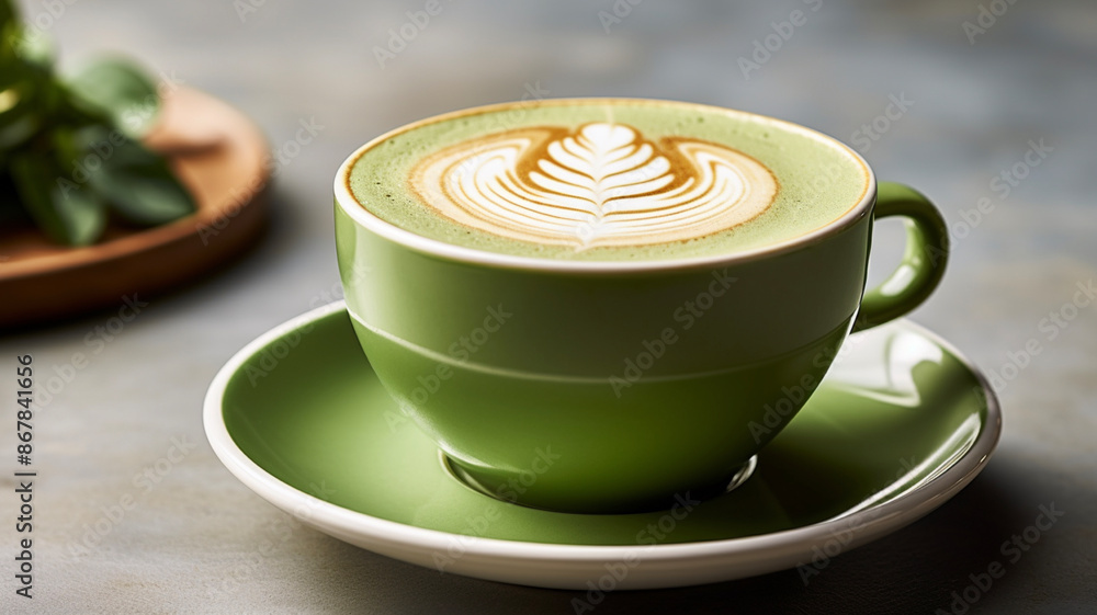 Side view of hot latte coffee with latte art and cinn Side view of hot latte coffee with latte art and cinn