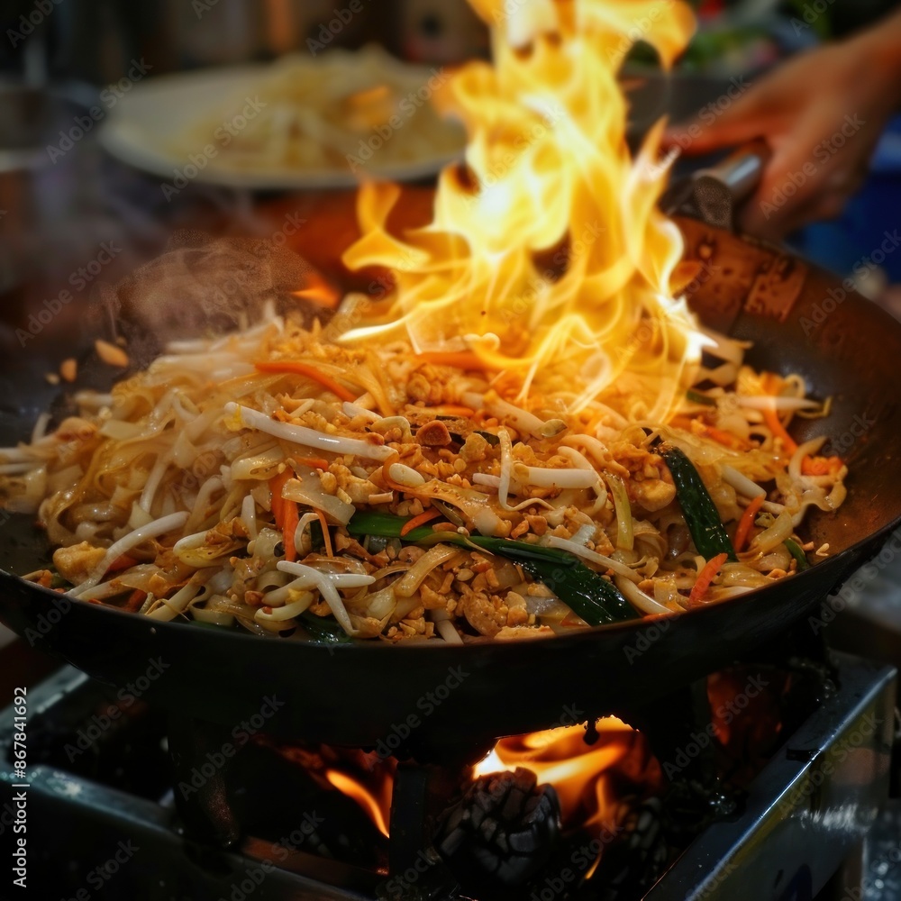 fried noodles cook in pan with big fire flame is hong kong style. Pad Thai favorite and famous Asian Thai street fast food in hot pan fried noodles cook in pan with big fire flame is hong kong style. Pad Thai favorite and famous Asian Thai street fast food in hot pan