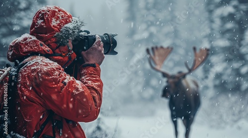 A photographer dressed in a red jacket captures the majestic presence of a moose in a snowy winter forest, surrounded by falling snowflakes, depicting adventure and nature. photo