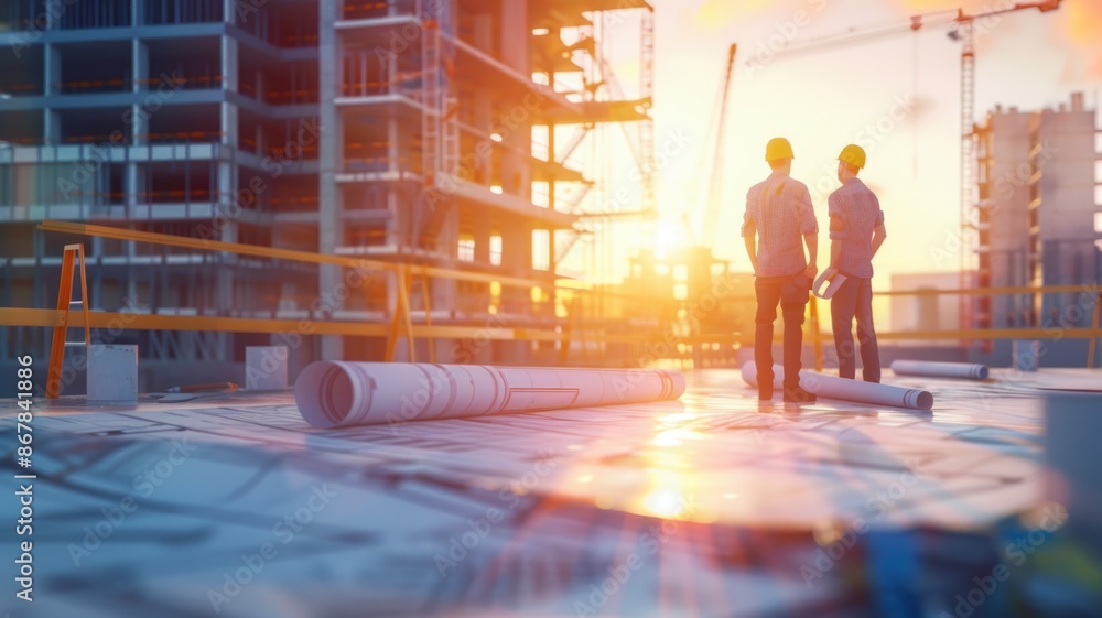 Obraz premium Construction Workers Looking At Blueprint With Sunset In Background - construction, workers, blueprint, sunset, building, construction site, golden hour, architecture, project, planning