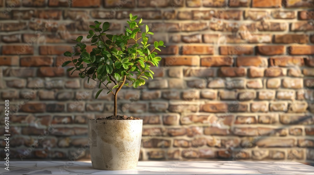 Plant in pot on marble table against brick wall Plant in pot on marble table against brick wall