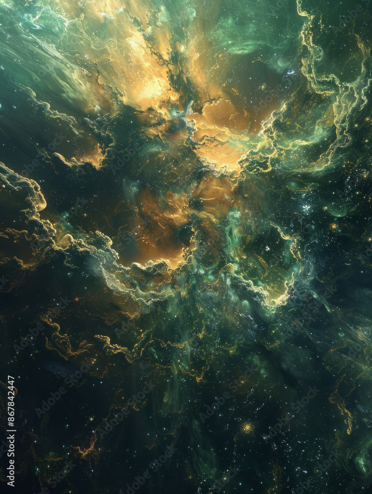 Cosmic Nebula: A Symphony of Green and Gold - nebula, space, galaxy, stars, cosmic, astronomy, green, gold, swirling, cosmic dust Cosmic Nebula: A Symphony of Green and Gold - nebula, space, galaxy, stars, cosmic, astronomy, green, gold, swirling, cosmic dust