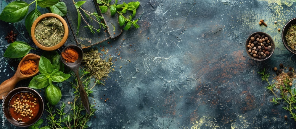 Raw herbs, spices, and wooden kitchenware displayed on a textured background. Overhead view with space for text. Raw herbs, spices, and wooden kitchenware displayed on a textured background. Overhead view with space for text.
