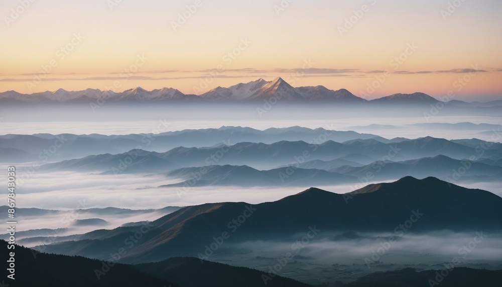 Obraz premium mountain layers and sunrise view in cold and foggy weather.