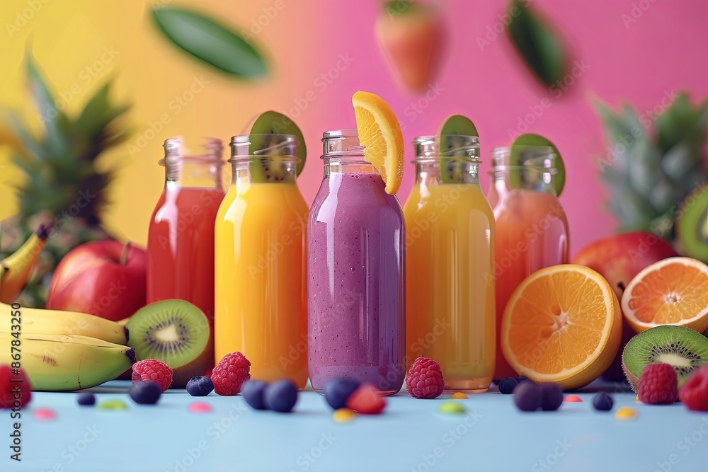 A vibrant arrangement of fruit smoothies and juices in glass bottles on a blue tabletop with fresh fruit, including bananas, kiwis, raspberries, and oranges. Generative AI A vibrant arrangement of fruit smoothies and juices in glass bottles on a blue tabletop with fresh fruit, including bananas, kiwis, raspberries, and oranges. Generative AI