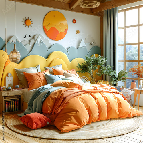 A colorful bedspread with a cartoonish theme of trees and clouds.