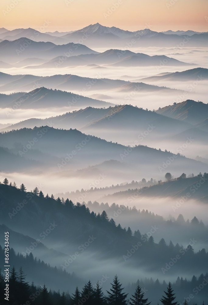 Obraz premium mountain layers and sunrise view in cold and foggy weather. 