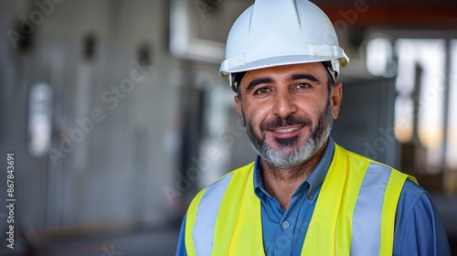 Smiling construction worker in safety gear at building site. He is wearing a hard hat and reflective vest. The image captures a professional and confident look. Great for industry related content. AI photo