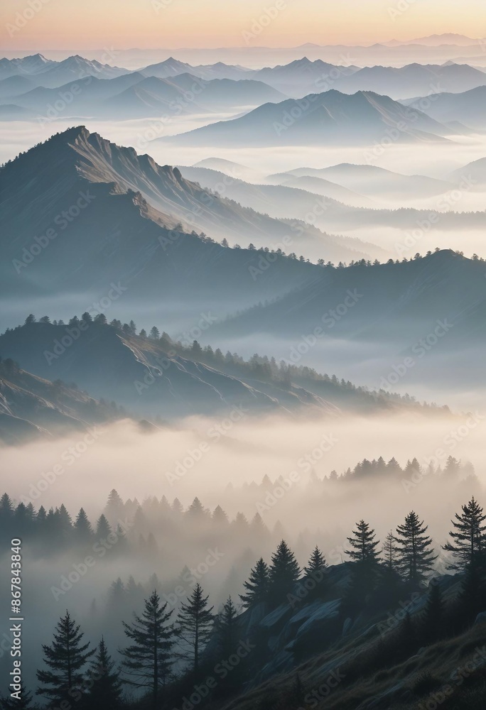 Obraz premium mountain layers and sunrise view in cold and foggy weather. 
