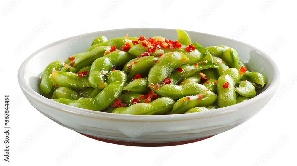 Spicy edamame, garnished with red pepper flakes, displayed in a porcelain bowl on a pure white Spicy edamame, garnished with red pepper flakes, displayed in a porcelain bowl on a pure white