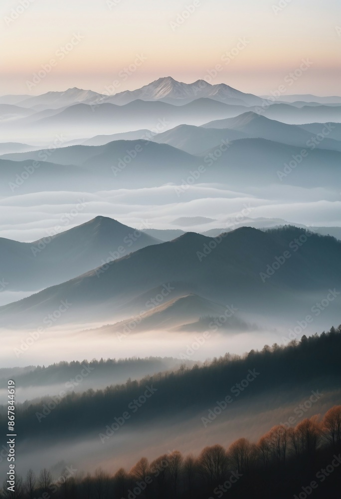 Fototapeta premium mountain layers and sunrise view in cold and foggy weather. 