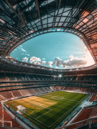 Wallpaper Mural Modern Football Stadium Interior View with Sky - stadium, football, soccer, sports, field, grass, green, sky, blue, clouds Torontodigital.ca
