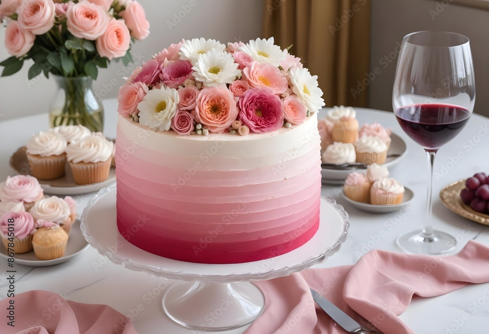 A pink ombre frosted cake with fresh flowers on top, placed on a table with a glass of wine and other decorative elements, roses, flowers, champagne, wine, candles, gold forks A pink ombre frosted cake with fresh flowers on top, placed on a table with a glass of wine and other decorative elements, roses, flowers, champagne, wine, candles, gold forks