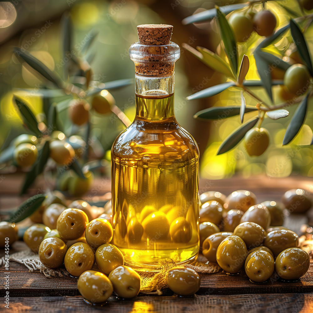 Bottle of olive oil with olives around it, placed on textured cloth, against background of olive trees Bottle of olive oil with olives around it, placed on textured cloth, against background of olive trees