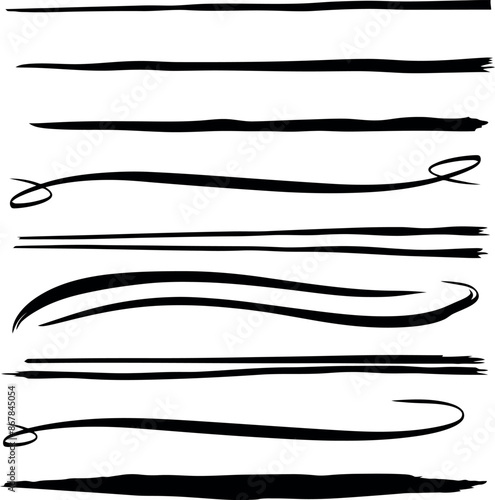 Range of black brush stroke lines, perfect for art, design, or decoration.
