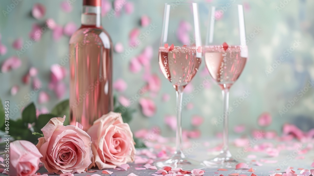 Two Glasses of Rose Champagne with Flowers and Bottle - rose, champagne, wine, glasses, bottle, sparkling, romantic, petals, love, celebration Two Glasses of Rose Champagne with Flowers and Bottle - rose, champagne, wine, glasses, bottle, sparkling, romantic, petals, love, celebration