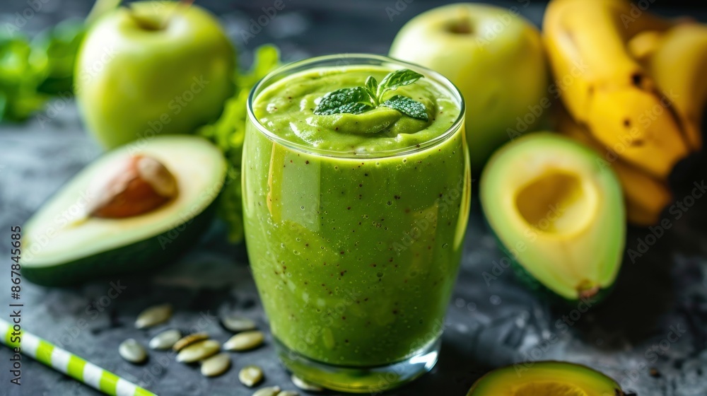 Green vegan smoothie. Smoothie with apple, banana and avocado. Detox menu Green vegan smoothie. Smoothie with apple, banana and avocado. Detox menu