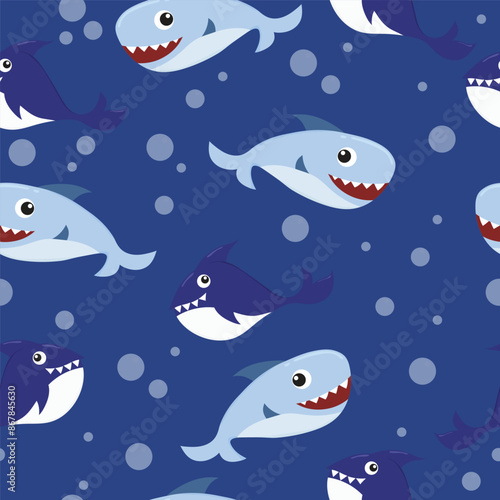 cute baby shark and little fish seamless pattern