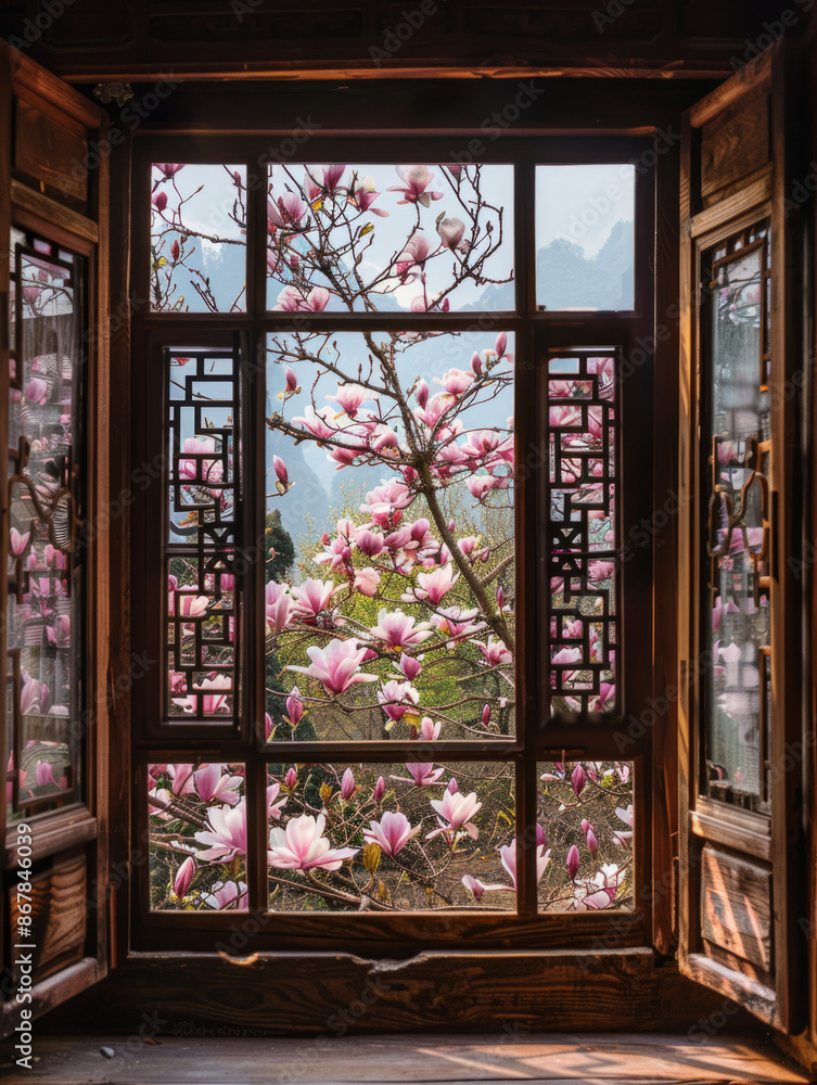 Wooden Window Frame with Pink Magnolia Blossoms - window, wooden, frame, magnolia, blossoms, pink, flowers, tree, spring, nature Wooden Window Frame with Pink Magnolia Blossoms - window, wooden, frame, magnolia, blossoms, pink, flowers, tree, spring, nature