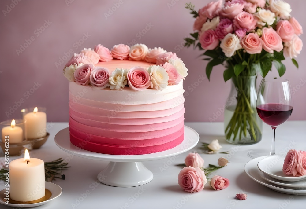 A pink ombre frosted cake with fresh flowers on top, placed on a table with a glass of wine and other decorative elements, roses, flowers, champagne, wine, candles, gold forks A pink ombre frosted cake with fresh flowers on top, placed on a table with a glass of wine and other decorative elements, roses, flowers, champagne, wine, candles, gold forks