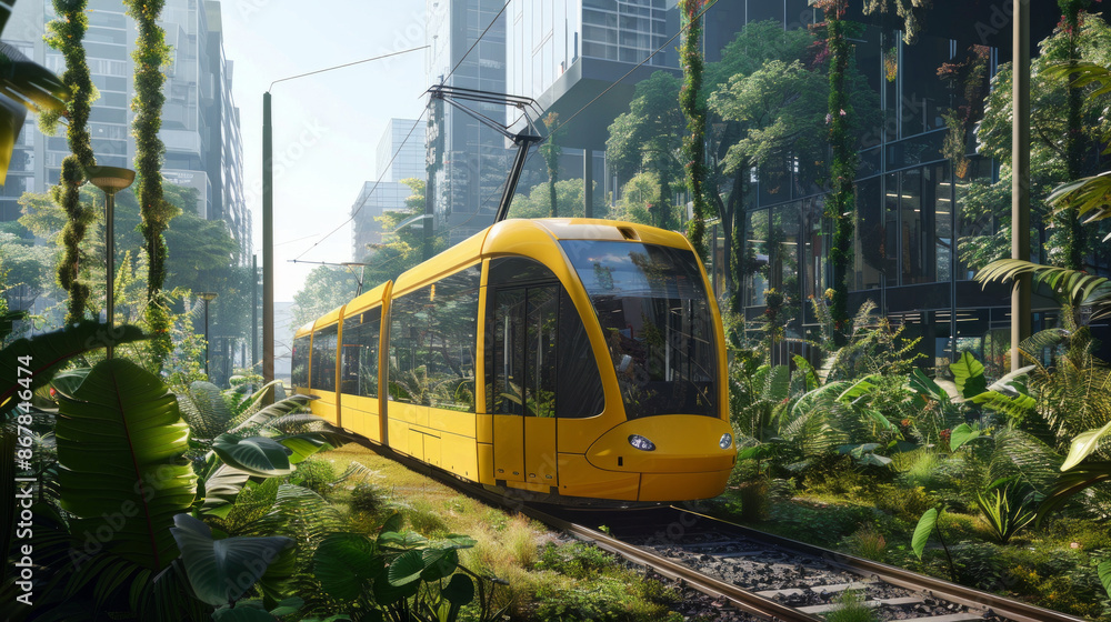 Naklejka premium bright yellow train winds its way through a dense, green forest, its vibrant hue contrasting against the lush surroundings.