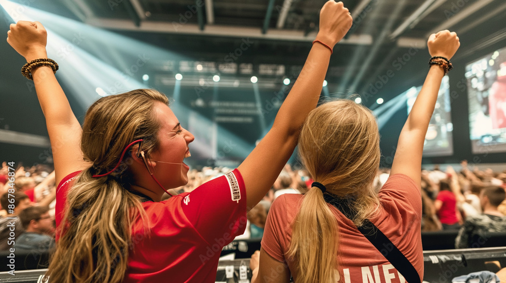 Fototapeta premium A global stage pulsates with energy as a packed arena erupts in celebration, hailing the champions of a major esports tournament.