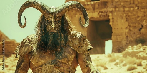 man with long hair and horns stands imposingly in a desert, exuding an aura of mystery and power. photo