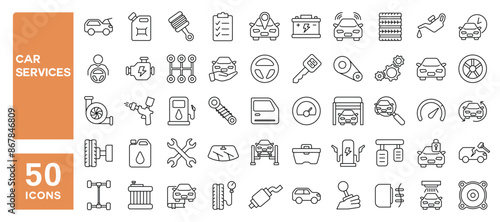 Set of 50 line icons related to car services, spare part, maintenance, auto repair, vehicle wash, Editable stroke. Vector illustration