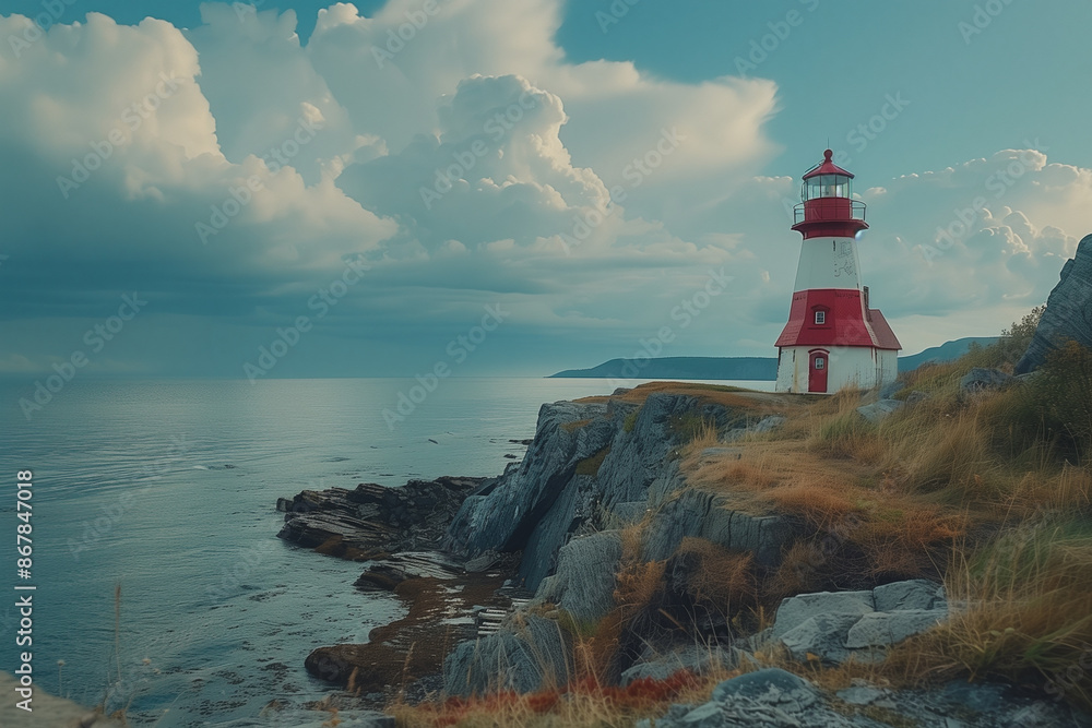 Fototapeta premium Historic lighthouse overlooking a rocky coast